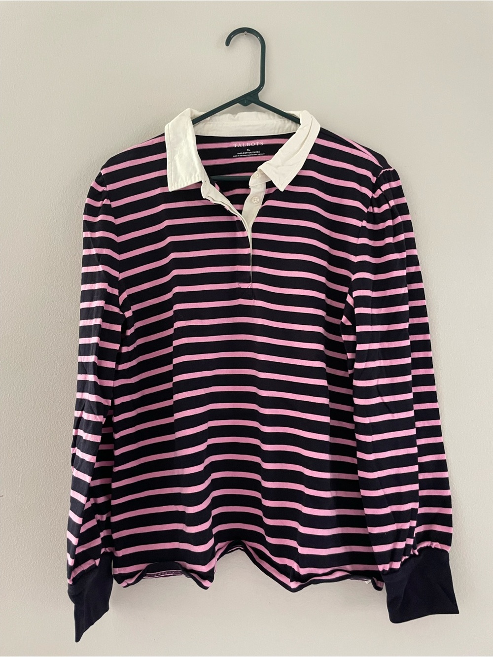 Talbots Pink and Black Striped Long-Sleeve Polo Shirt